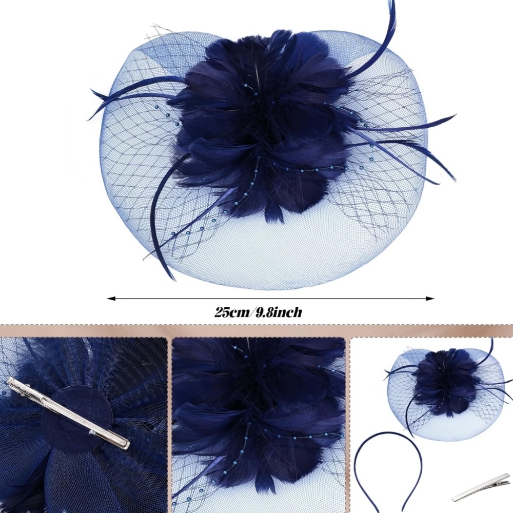🐎NEW! Navy Blue Feathered Fascinator Hat - Picture 4 of 5